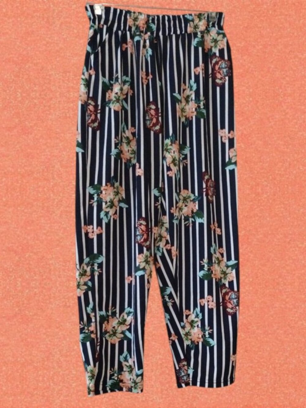 Women's Navy Stripe Floral Elastic Waist Pants with Pockets